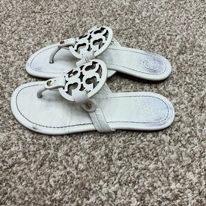 Tory Burch White Leather Logo Cutout Thong Sandals